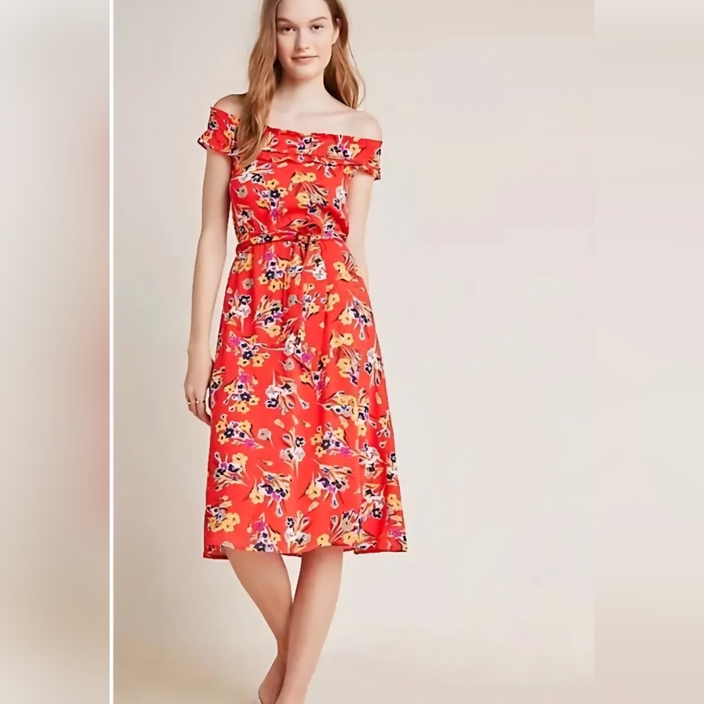Anthropologie Conversations Red Floral Off‎ Shoulder Smocked Midi Dress US 6